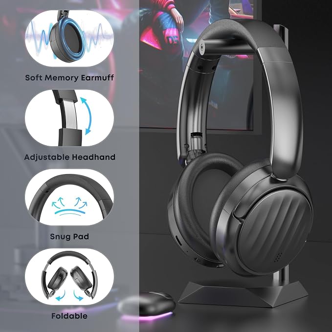 Bluetooth Headphones with Active Noise Cancelling (ANC), Wireless Over Ear Bluetooth Headsets with 35H Playtime, HiFi Stereo Foldable Headphones with Foam Ear Cups for Sports, Travel, Black