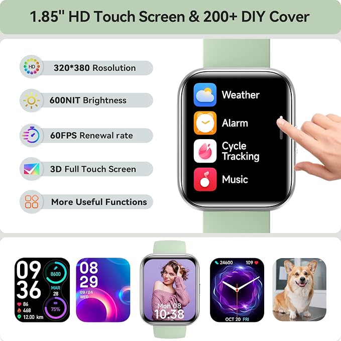 aeac Smart Watches for Women Men, 1.85" HD Smart Watch for Samsung/iPhone/Android, Fitness Tracker with 24/7 Heart Rate/Sleep/SpO2 Monitor, Smartwatch 120+ Sports Modes 3ATM Waterproof, Green