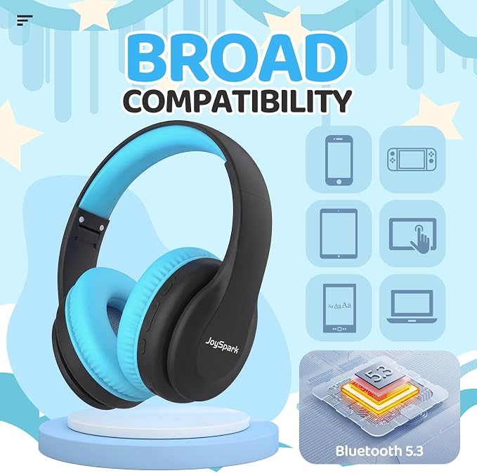 JoySpark Kids Bluetooth Headphones, Lightweight Wireless Headphones for Kids, 85/94dB Volume Limited, 60 Hours Playtime, Bluetooth 5.3, Over-Ear Toddler Headsets with Built-in Mic (Black Blue)
