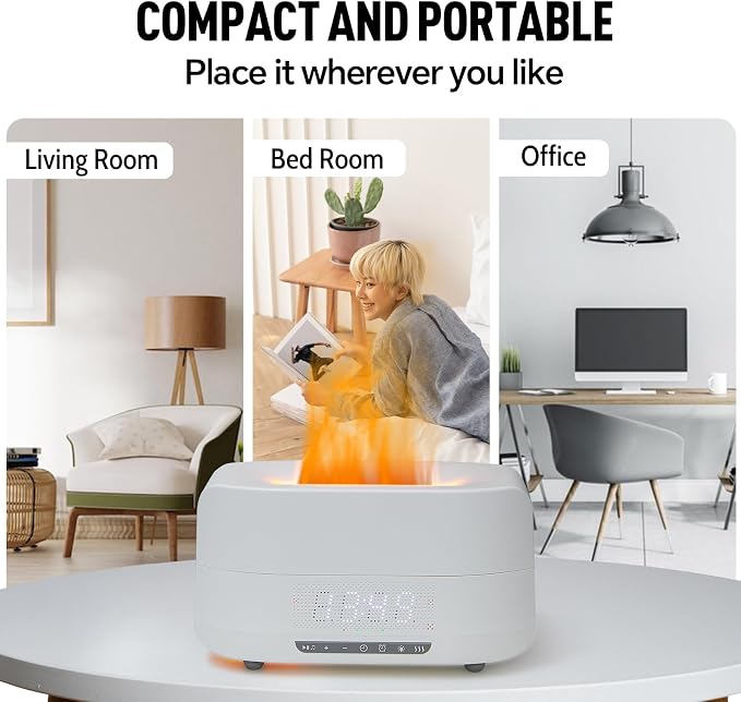 Aroma Essential Oil Diffuser & Humidifier 400mL, 5-in-1 Flame Effect Ultrasonic Diffuser with Bluetooth Speaker, LED Night Light & Clock, Quiet Diffuser for Bedroom Sleep Relaxation (White)