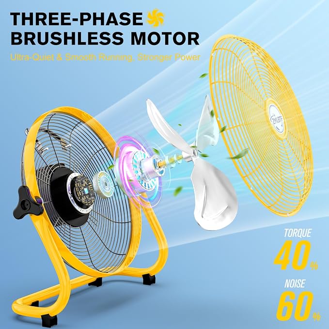 14" Solar Powered Fan with 20W Solar Panel & Rechargeable Battery, Portable, Quiet 12 Speed, 360° Tilt Head for Outside, Camping, Travel, Greenhouse, Chicken Coop, Patio, gazebo (Yellow)