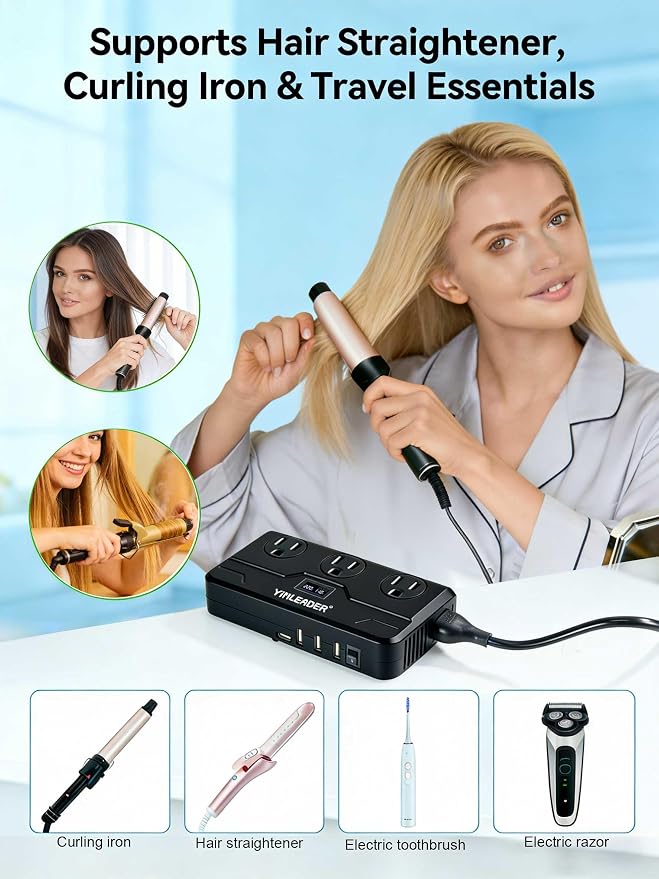Yinleader 220V to 110V Voltage Converter US to Europe Travel Adapter for Hair Straightener/Curling Iron Step Down Transformer with USB-C (20W PD) Charging and UK/AU/EU Worldwide Plug Adapter (Black)