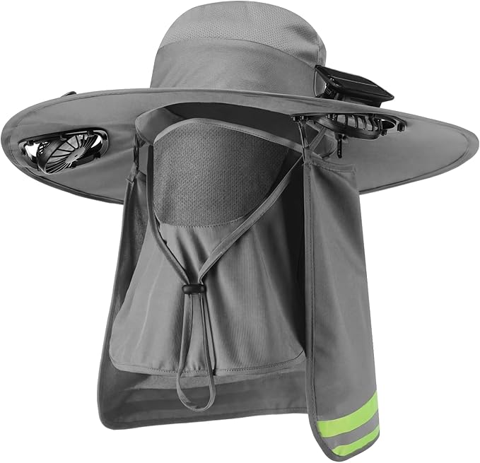 Sun Hat with Fan for Women Men Wide Brim Fishing Solar Hat with Face Cover Neck Flap Reflective with Dual Power