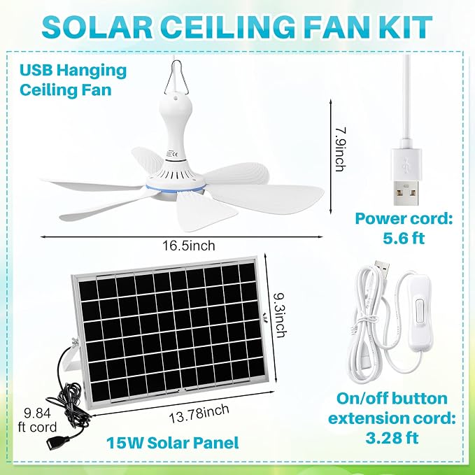 Tujoe 2 Set Solar Powered Ceiling Fan Kit for Outdoor,Portable 15W Solar Panel Powered USB Small Hanging Fan,Dual Charging Modes,for Chicken Coop, Tent,Greenhouse, Shed, Gazebo