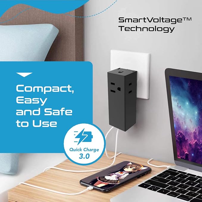 Ceptics 65W World Travel Adapter 3 USB Ports PD 3.0 Ultra Compact Charger 2 US Outlets [GaN Tech], Quick Type C, Charge Laptops, Cellphones in Europe, Asia, Africa, America and More