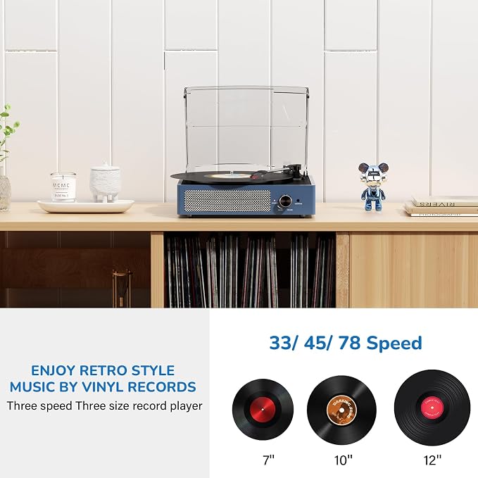 Vinyl Record Player with 2 Stereo Speakers Belt-Driven Vintage Turntables 3 Speed 3 Size Wireless Bluetooth Playback AUX-in RCA Out Headphone LP Vinyl Players Auto Stop Frosted Purple