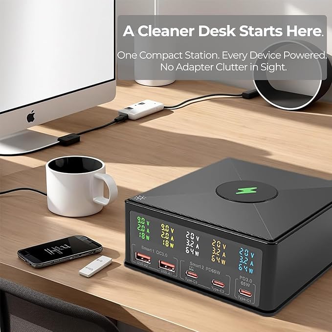 160W Desktop Charging Station 6-in-1: USB-C PD 65W Laptop Charger, QC 3.0, Qi Wireless Pad, Per-Port Digital Display On/Off – for MacBook, iPhone, Samsung, Pixel