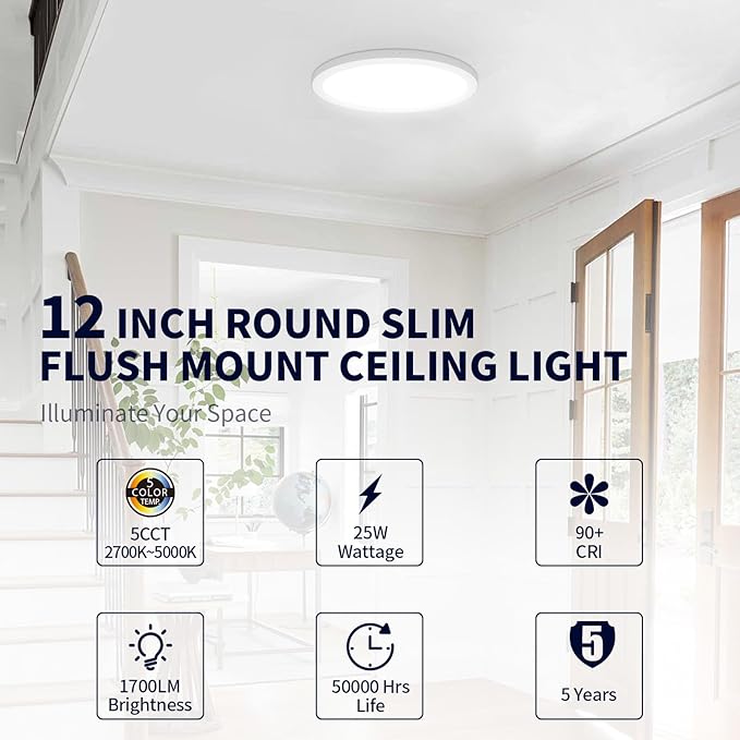 mw 4 Pack 12 Inch LED Flush Mount Ceiling Light Fixture, Flush Mount Ceiling Lights, 2700K/3000K/3500K/4000K/5000K, 25W, 120V, Dimmable Slim LED Ceiling Light for Bedroom Hallway Kitchen