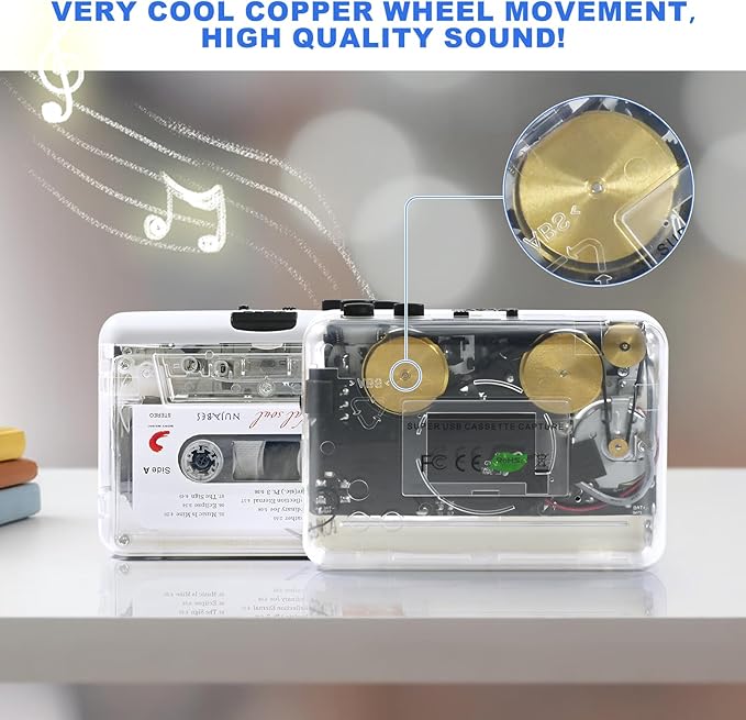Auto Reverse ＆Clear Stereo Cassette Player,Built-in Cool Copper Wheel Movement＆Earphone,Cassette Tape to MP3 Converter with Tape Converter Software,Powered by USB Power Cord or AA Battery