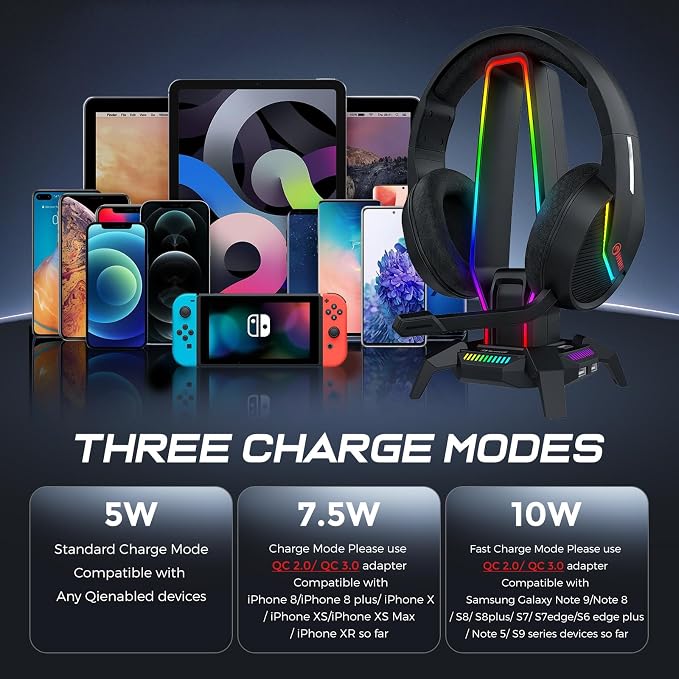 MARVO RGB Headphone Stand Data Transmission, 9 Lights Mode Headset Holder with 1 USB-C & 3 USB Ports & 1 3.5mm Jack Port, Ultimate Gaming Accessories for Gamers for PS, Xbox, PC
