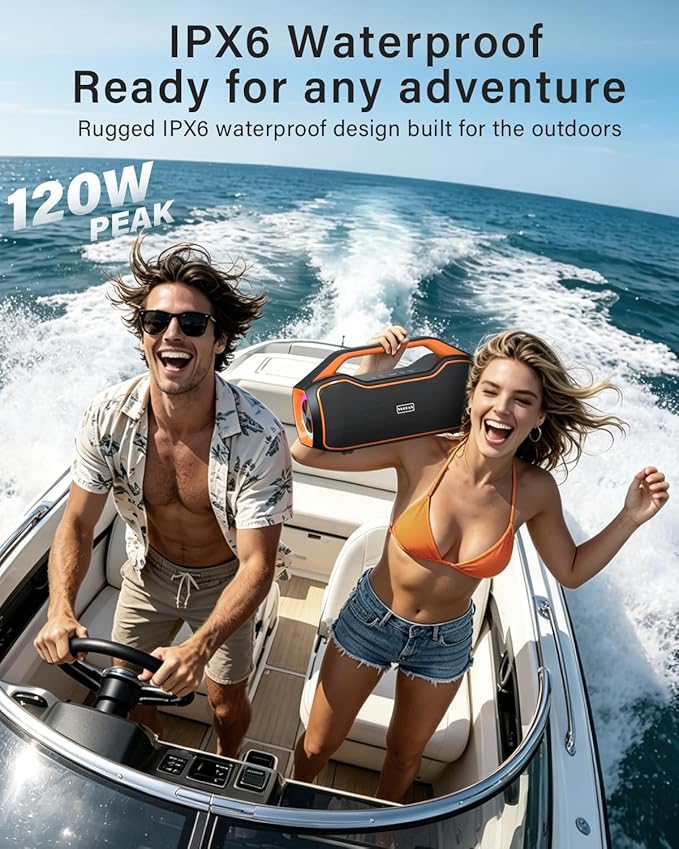 Portable Bluetooth Speaker Bass Boost, 120W Peak Loud Powerful Speakers Wireless w/2*Bass and 2*tweeters, 20H Playtime,IPX6 Waterproof, BT5.4, Suitable for Party, Beach, Camping,Outdoor,Large Jobsite
