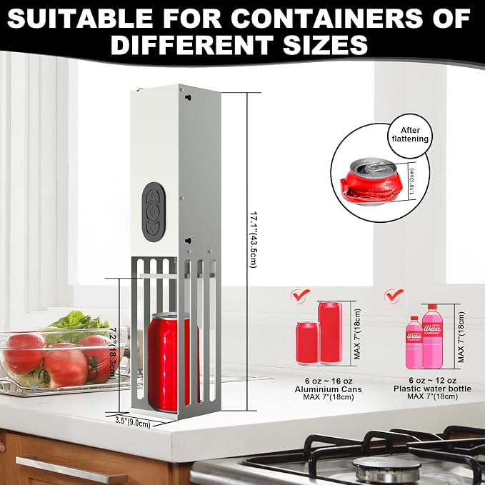 SIXRARI Electric Can Crusher – Heavy Duty Automatic Wall Mounted Can Smasher for Recycling 12oz & 16oz Aluminum Soda, Seltzer, Beer Cans & Plastic Bottles
