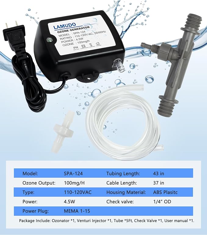 Ozone Generator for Cold Plunge with Venturi Injector, SPA-124 SPA Ozonator Kit for Hot tubs and Swim Spas, 100mg/h Mini Ozone Generator(NEMA 1-15 Plug)