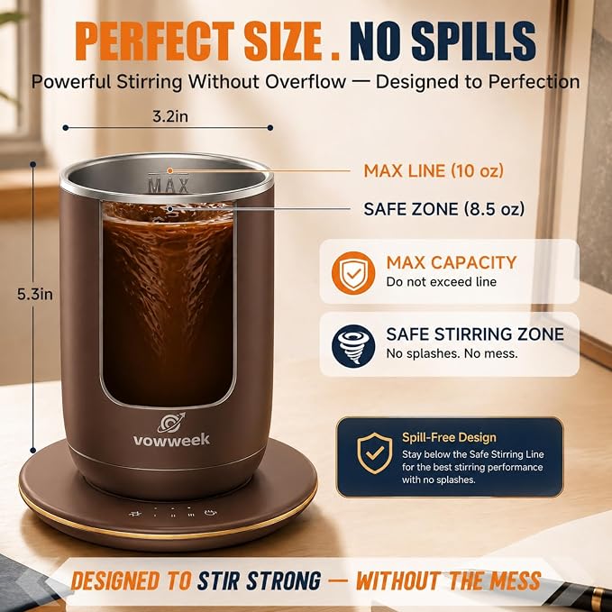 Self Stirring Heated Coffee Mug, 10 oz Auto Magnetic Mixing Cup, MochaBrown | 304 stainless steel interior. Includes 3 heat settings, 8H auto shut-off, plug-in base for home office desk
