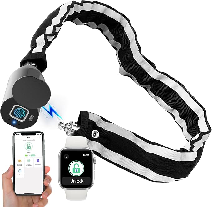 Fingerprint Bike Chain Lock, Bluetooth Bike Lock Waterproof Biometric Keyless Lock Heavy Duty Anti-Theft with 3.3 Feet Long Chain Lock for eBike Scooter Gate Ski Snowboard