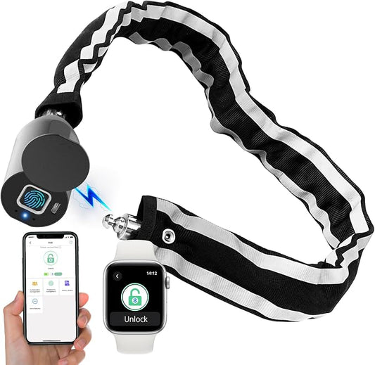 Fingerprint Bike Chain Lock, Bluetooth Bike Lock Waterproof Biometric Keyless Lock Heavy Duty Anti-Theft with 3.3 Feet Long Chain Lock for eBike Scooter Gate Ski Snowboard
