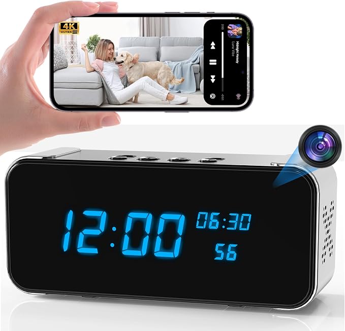 Wireless Security Mini Camera, 4K Full HD Nanny Cam with Alarm Clock and Bluetooth Speaker, Excellent Night Vision & Motion Detection Alarm, Mobile Phone Remote APP Control, Support 5G and 2.4G