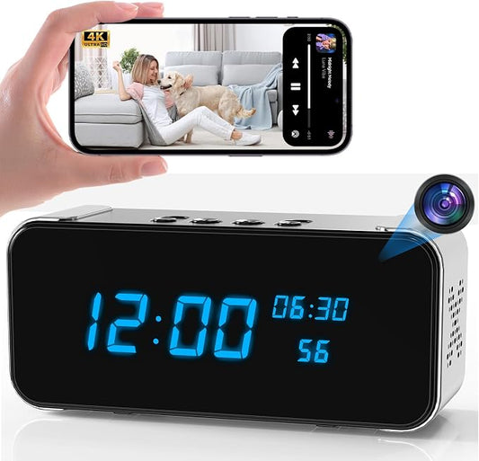 Wireless Security Mini Camera, 4K Full HD Nanny Cam with Alarm Clock and Bluetooth Speaker, Excellent Night Vision & Motion Detection Alarm, Mobile Phone Remote APP Control, Support 5G and 2.4G