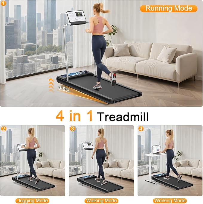 HOELLL Treadmills for Home Small with 0%-8% Incline and APP Sync, Compact Under Desk Walking Treadmill Pad with Handle Bar Removable, Remote Control and LED Display, 2.5HP