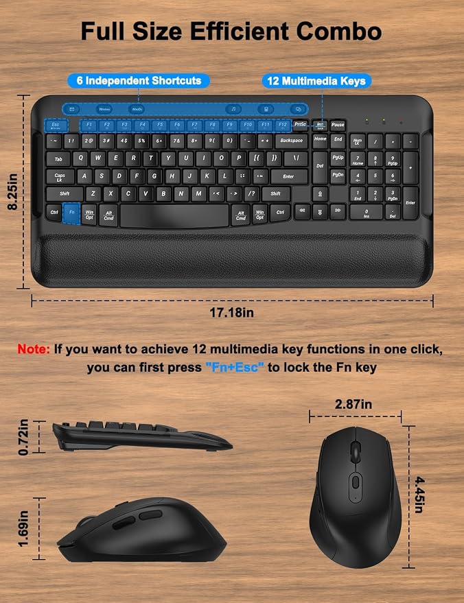 Ergonomic Wireless Keyboard and Mouse Combo, Full Size 2.4G Wave Keys with Soft Palm Rest, 3 Level DPI Optical Silent Mouse, Cordless Keyboard Mouse Combo for PC Laptop Desktop Windows Mac OS