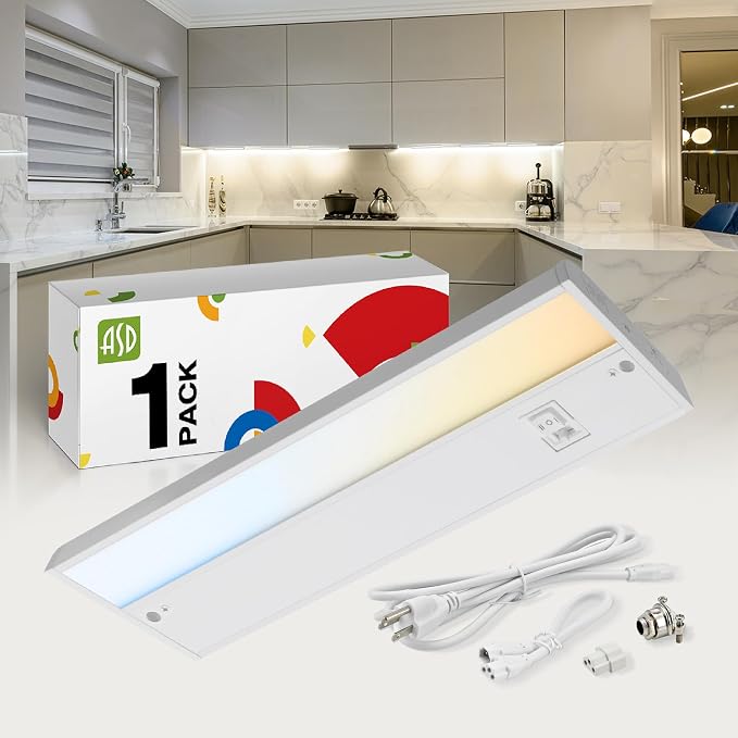 ASD LED Under Cabinet Lighting Plug in or Hardwired 12 Inch, Dimmable Under Cabinet Lights with High/Low/Off Switch, 3CCT 2700K-4000K, Linkable Under Counter Lights for Kitchen, ETL Listed, White