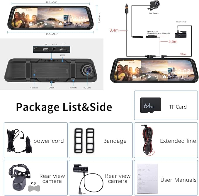 3 Channel 9.66'' WiFi Mirror Dash Cam with Front and Rear Camera IPS Touch Screen,Triple Rear View Mirror Camera with App Recording,64GB TF Card,Loop Recording,Night Vision, G-Sensor Parking Monitor