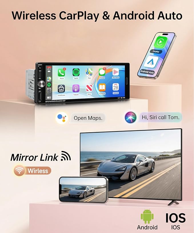 Single Din Car Stereo Wireless Carplay Android Auto, Car Stereo Receivers Bluetooth 5.2, 6.9" IPS Touchscreen Radio 1 Din, Backup Camera, Mirror Link, SWC, FM EQ USB Type-C