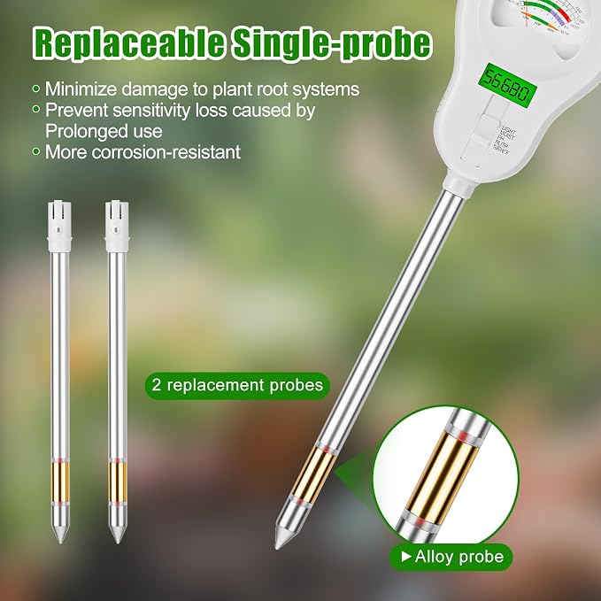 SPECILITE 6-in-1 Soil Tester, Digital Soil Moisture Meter/PH Meter/Sunlight/Temperature/Fertility Monitor with 2 Removable Probe, Dual Screen Soil Test Kit for Gardening, Lawn, Indoor & Outdoor Plant