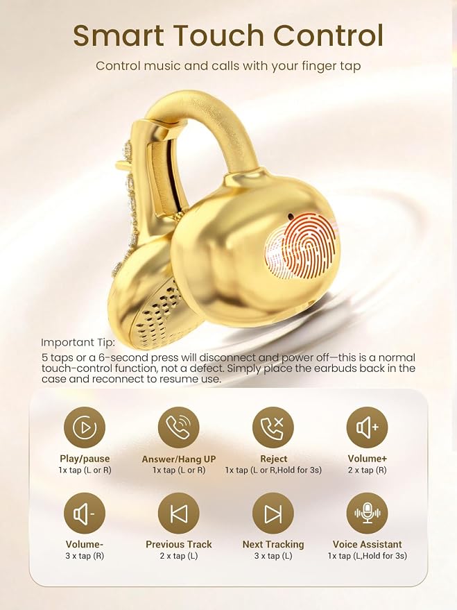 JewelPods C3 Wireless Bluetooth Earbuds, Jeweled Open-Ear Headphones, Gold | Ultra-Light Memory Wire Clip-On Earrings for All-Day Comfort, 60H Playtime, Sweat & Water Resistant, Premium Sound