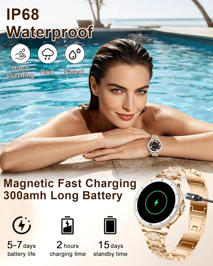 Smart Watches for Women, 1.27" HD Smartwatch with Diamond Strap Compatible Android/iOS, Answer/Make Call, IP68 Waterproof Fitness Tracker with SpO2, Sleep Monitor, 120+ Sport Models, Rosegold