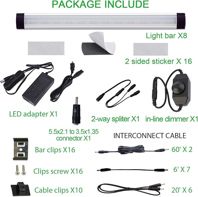 AIBOO LED Under Cabinet Lighting Kit, Plug in Strip Lights with Dimmer Switch for Kitchen Cabinet Counter, Closet, Bedroom Lighting（24w-8 Bars kit-2700K)