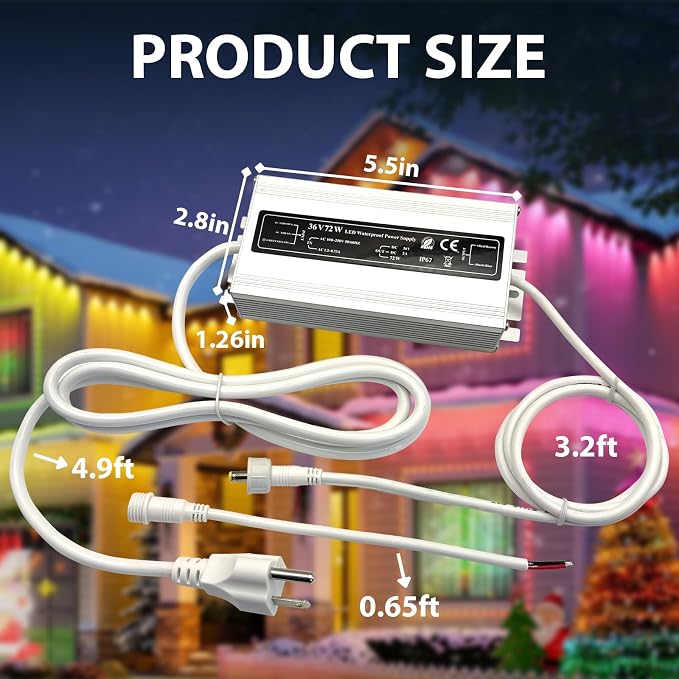 White 36V Waterproof Power Adapter for Govee Permanent Outdoor Light - IPX6 Weatherproof Power Supply Cord Charger PSU, Compatible with Govee H705D/H705E/H705F