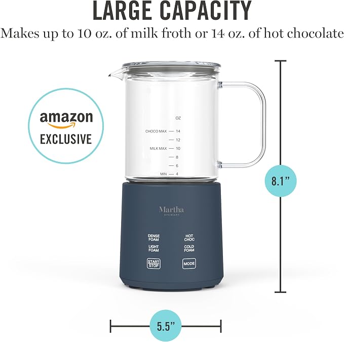Martha Stewart Milk Frother and Steamer, 10oz/300ml Glass Cup, 4 Presets (Cold Foam, Light, Dense & Hot Chocolate), Ready in 90 Seconds, Cordless Pouring, One-Touch for Hot and Cold Milk, Indigo Blue