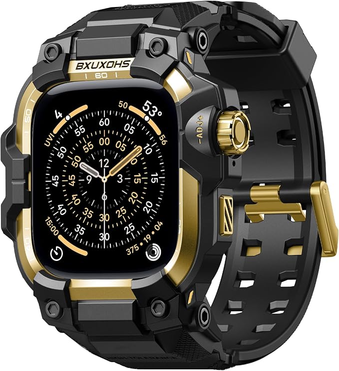 BXUXOHS Rugged Case and Band for Apple Watch 46mm Men, Compatible with Apple Watch Series 11/10, Military Grade Shockproof Bumper Cover, Tactical Band Case for iWatch 11/10 Man, Gold