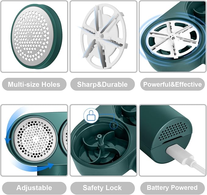 Fabric Shaver, Handzee Electric Lint Shaver, Dual Motor Sweater Shaver, Fabric Pilling Remover, Powerful 2 Gear 6-Leaf Blades, Portable Defuzzer Clothes Fuzz Remover for Sweater Furniture (Green)