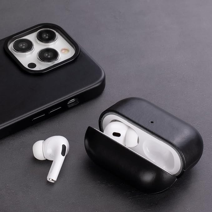 Maogoam for AirPods Pro 2 Leather Case Cover with Button, Genuine Crystal Vegetable Tanned Oil Wax Leather Case for AirPods Pro 2nd Generation, Retro Elegant Style, Front LED Visible, Gloss Black