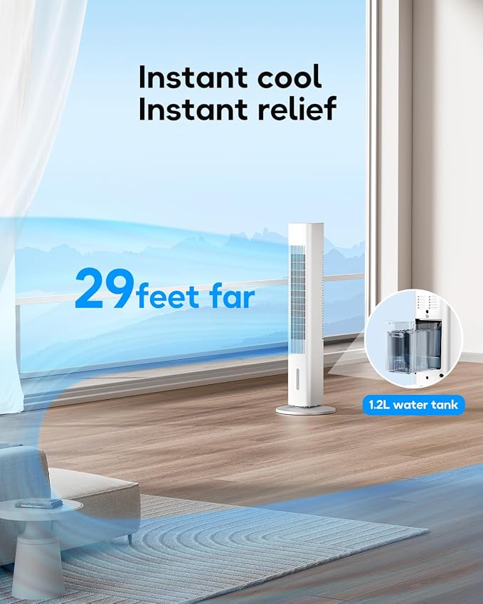 Evaporative Air Cooler, 36-inch Oscillating Tower Fans that Blow Cold Air, Portable Air Conditioner with Remote, AC Unit, Humidifier, Swamp Cooler for Indoor, Chalky