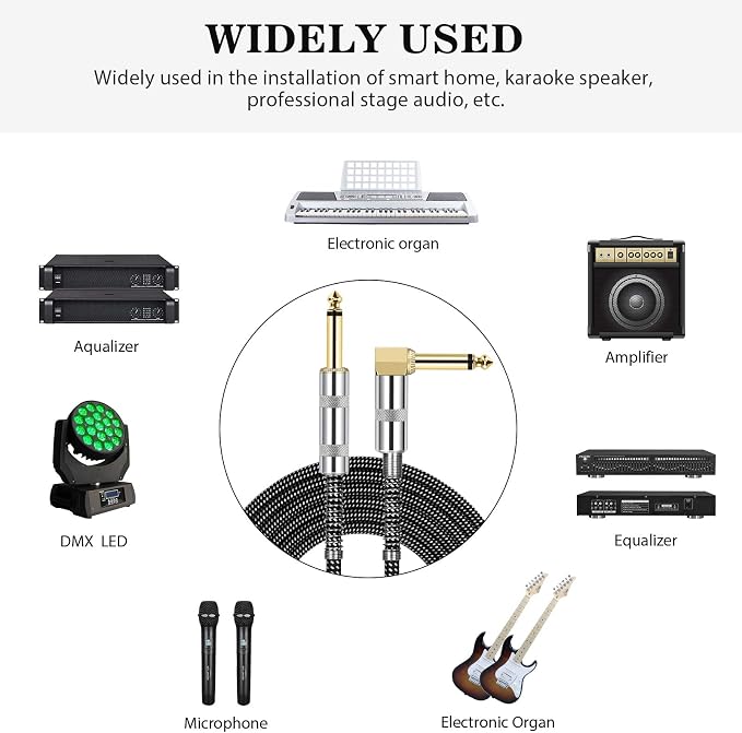 JOLGOO Guitar Cable, 1/4 Inch Cable 15 Ft, Straight to Right Angle 6.35mm Plug Bass Keyboard Instrument Cable, Black and Gray Tweed Cloth Jacket, Electric Mandolin, pro Audio