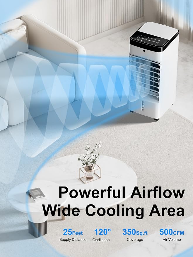Uthfy 3 IN 1 Portable Air Conditioners, Swamp Cooler with Detachable Water Tank, 6 Ice Packs, 12H Timer, 120° Oscillation, Remote, 3 Speeds, 4 Modes, Evaporative Cooler for Bedroom, Office