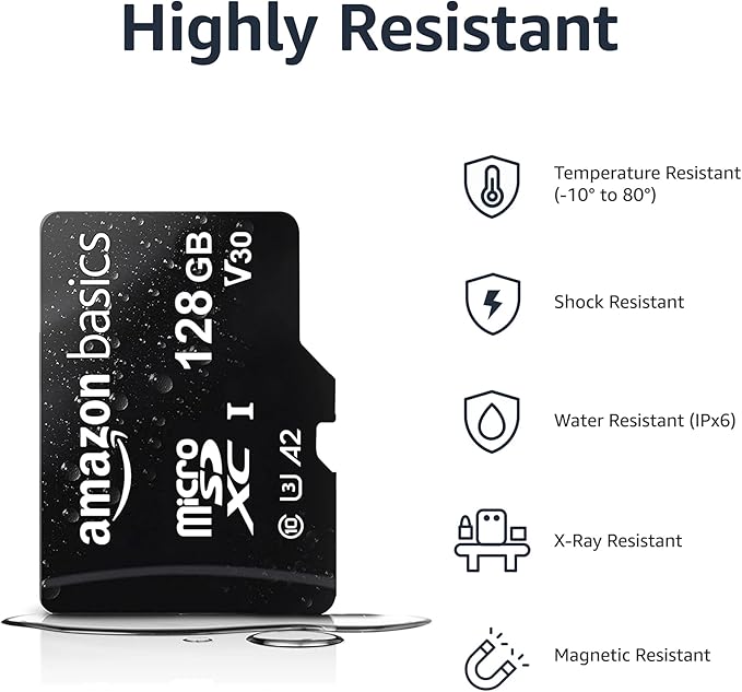 Amazon Basics microSDXC Memory Card with Full Size Adapter, A2, U3, Read Speed up to 100 MB/s, 128GB, Black