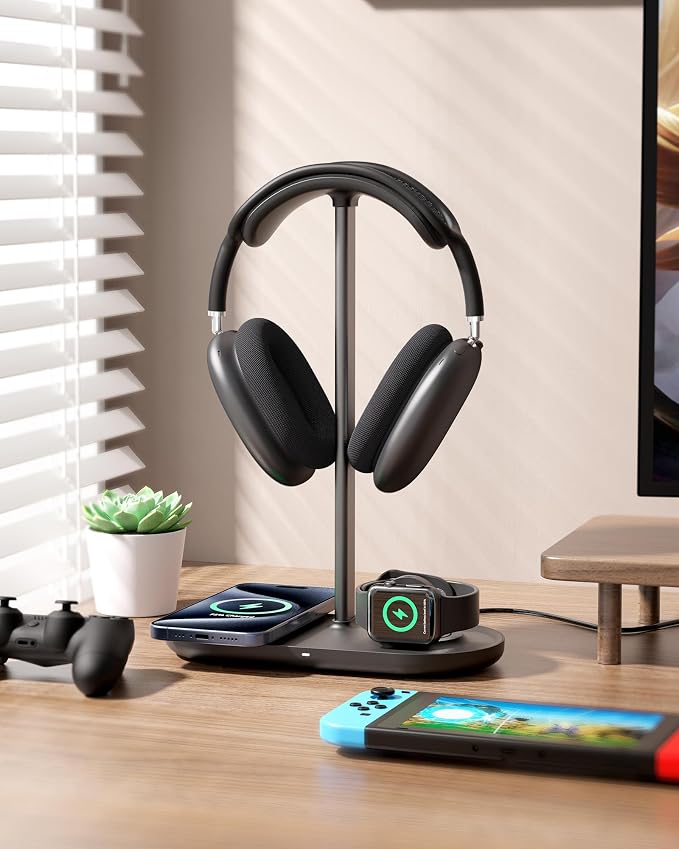 HiWe Headphone Stand, 2-in-1 Wireless Charger for iPhone/Apple Watch, Aluminum Alloy Rod, Minimalist Desk Organizer, Black