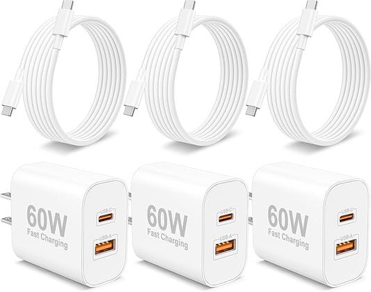 iPhone 17e/17/17 Pro Max Charger, 3-Pack 60W Super Fast Charging Dual Port USB C Wall Charger Block Adapter with 6FT USB C to C Cable Power Cord for iPhone 17/17 Pro Max/Air/16/15 Pro Max/Plus, iPad