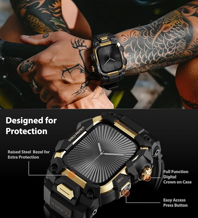 ULTIMAL Rugged Case with Band for Apple Watch 46mm,Compatible with Apple Watch Series 11/10, Military Grade Shockproof Bumper Cover for iWatch Tactical Band Men (46mm,Gold)