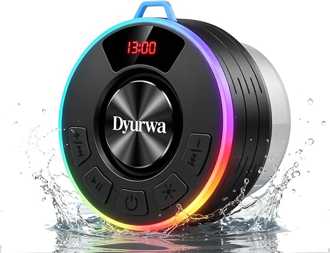Bluetooth Shower Speaker, IPX7 Waterproof Shower Speaker with Loud Clear Sound, LED Display/RGB Lights/Suction Cup, Built-in Mic, 10H Playtime, Bathroom Speaker for Pool/Beach/Party/Gift.