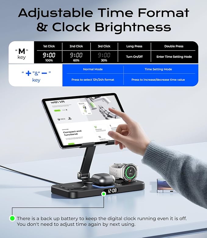 Meifigno 45W Wireless Charging Station for Multiple Samsung Device, Foldable 20W Wired Charger Stand for Galaxy Tab with Clock & Light, Charger for S26/S25 Ultra/Z Fold 7 & Buds, Only for Galaxy Watch