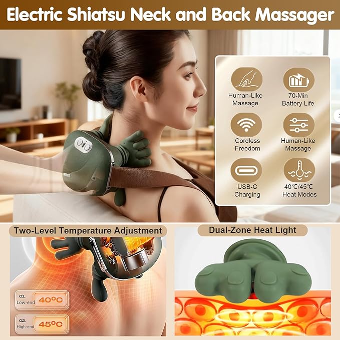 Siasoo Neck Massager With Heat-Wireless Portable Shiatsu Neck and Shoulder Deep Tissue 4D Kneading Back Massage With Fingers,Simulated Human Hand Design Muscle Relax Hand Massager For FathersDay Gifts