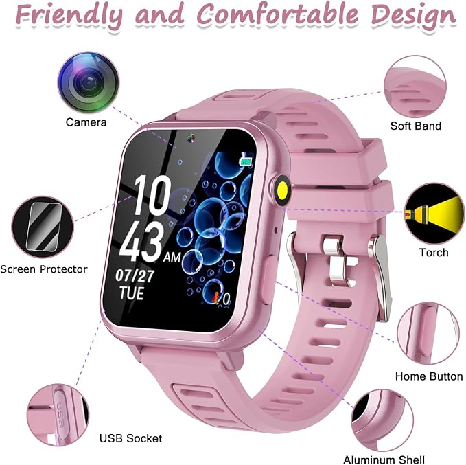 Wiszodet Smart Watch for Kids with 39 Games HD Touch Touchscreen Alarm Clock, Camera Music Player Pedometer Flashlight 12/24 hr Video & Audio Recording, Toys Gift for 3-12 Years Old Girls