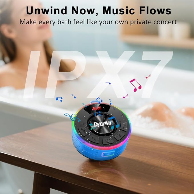 Bluetooth Shower Speaker, IPX7 Waterproof Shower Speaker Loud Clear Sound with Suction Cup, Digital Display/RGB Lights, Built-in Mic, 10H Playtime, Bathroom Speaker for Outdoor/Pool/Beach/Party/Gift.