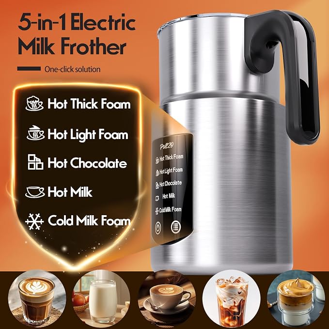 PULZO Milk Frother and Steamer, 5-in-1 Automatic Electric Milk Frothers for Latte, Cappuccino & Coffee, Hot & Cold Foam Maker with 17oz Detachable Stainless Steel Jug, Dishwasher Safe
