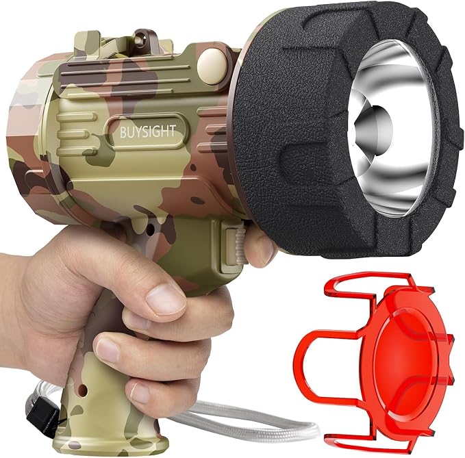 BUYSIGHT Rechargeable Spotlight Flashlight, Actual 1500 Lumens Handheld Spotlight, Waterproof Hunting Lamp with Red Filter (Camouflage Grey)